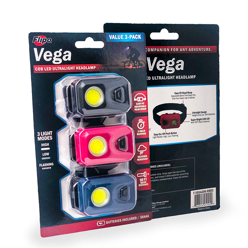 Flipo Vega 200 COB LED Ultralight 3-Pack Headlamps | 6 Piece Display