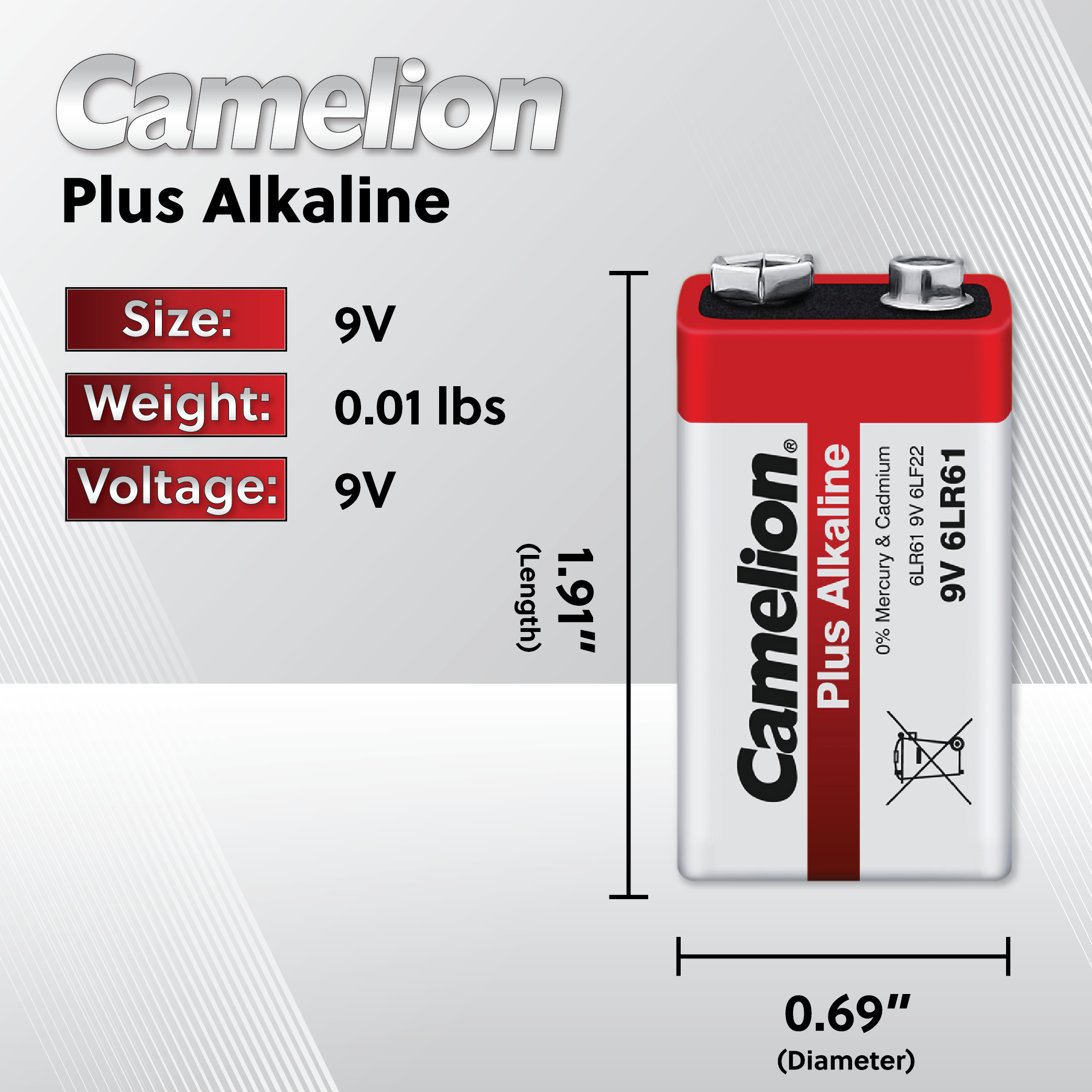 Camelion 9 Volt Plus Alkaline Plastic Tub of 6