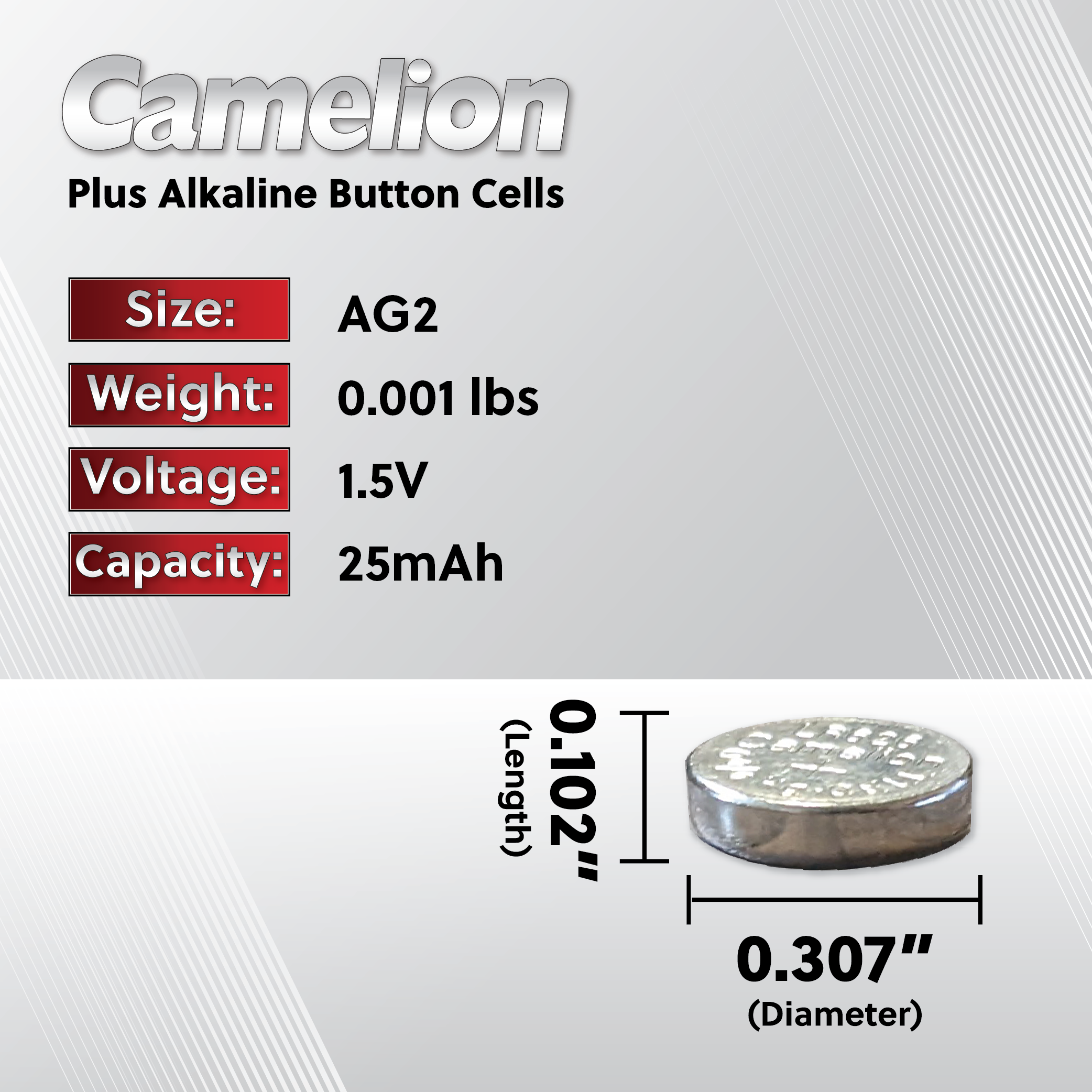 Camelion AG2 / G2 / LR726 / LR59 / 196 / SR726W / GP96A / 396 Alkaline Button Cell Battery (Two Packaging Options)