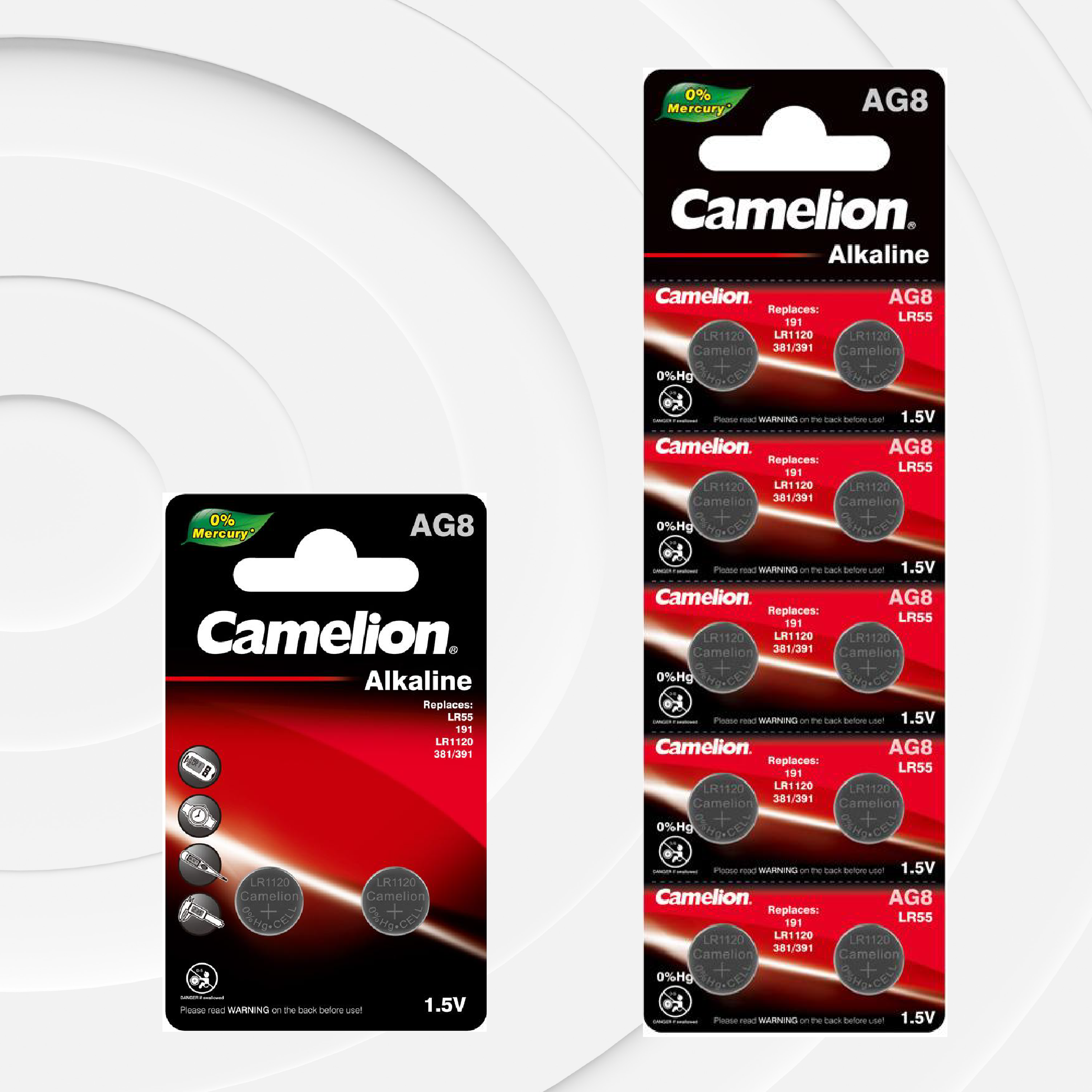 Camelion  AG8 / G8 / LR1121 / LR55 / 191 / SR1120W / GP91A / 391 Alkaline Button Cell Battery (Two Packaging Options)