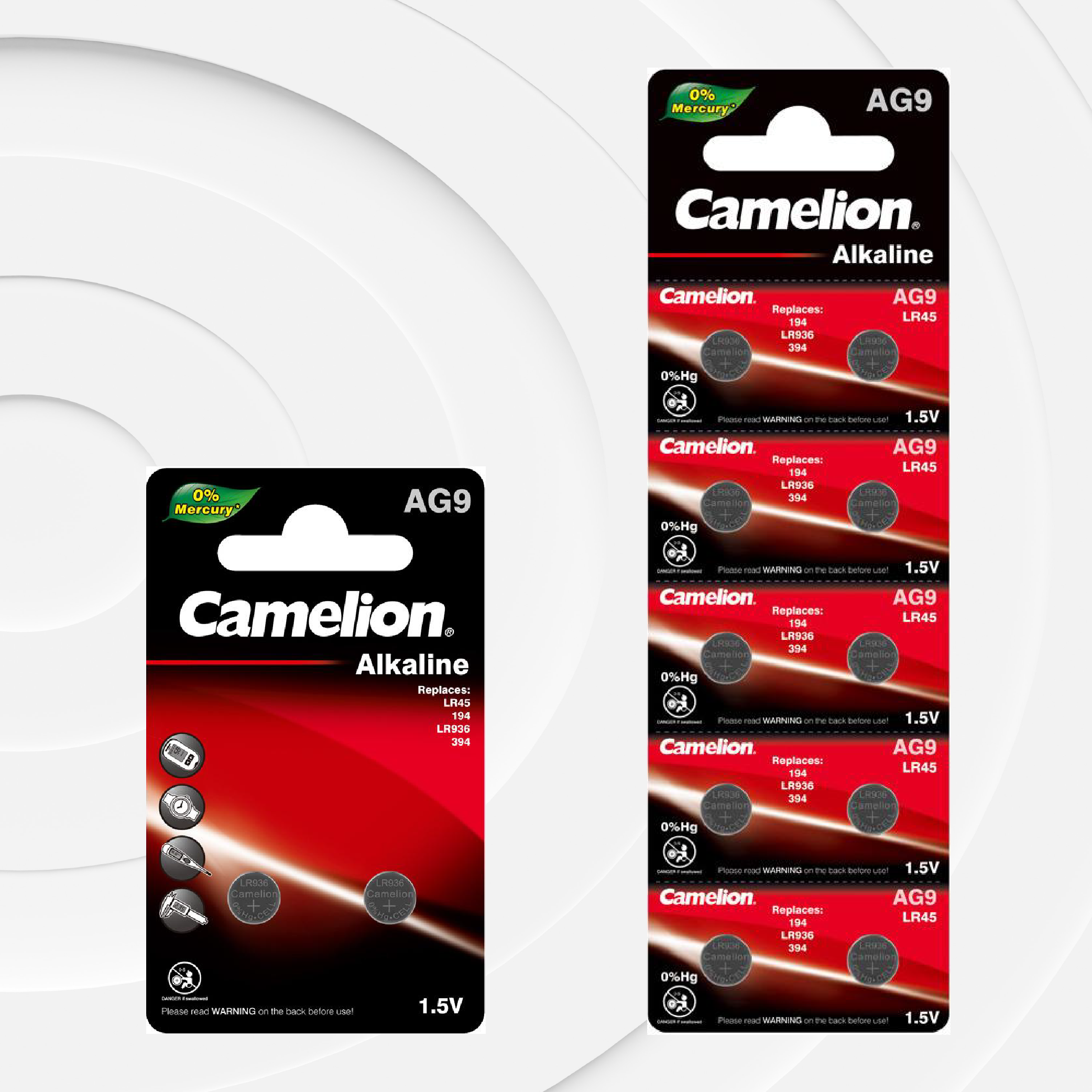 Camelion AG9 / G9 / LR936 / LR45 / 194 / SR936W / GP94A / 394 (Two Packaging Options)