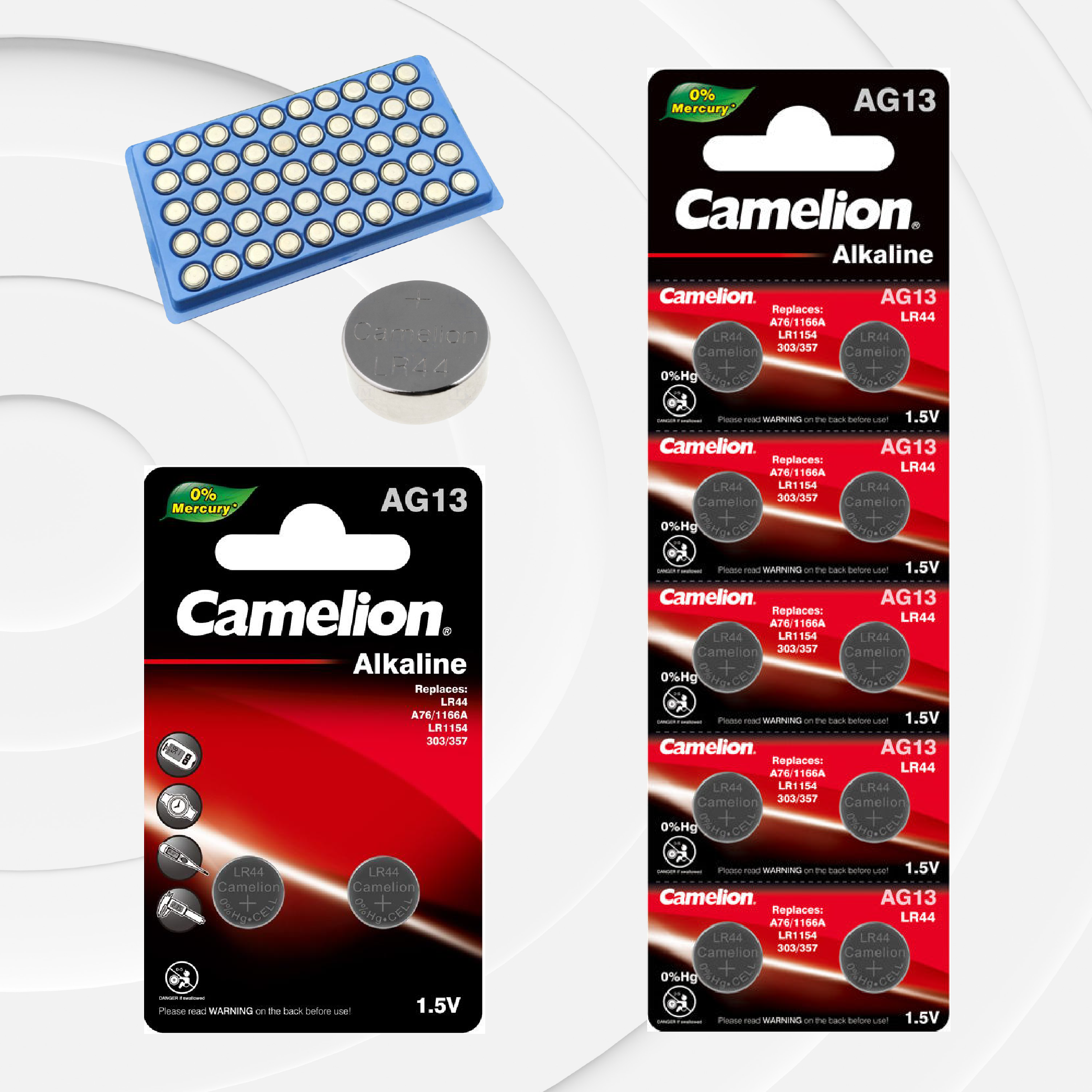 Camelion AG13 / G13 / LR44 / A76 / SR44W / GP76A / 357 Alkaline Button Cell Battery (Three Packaging Options)