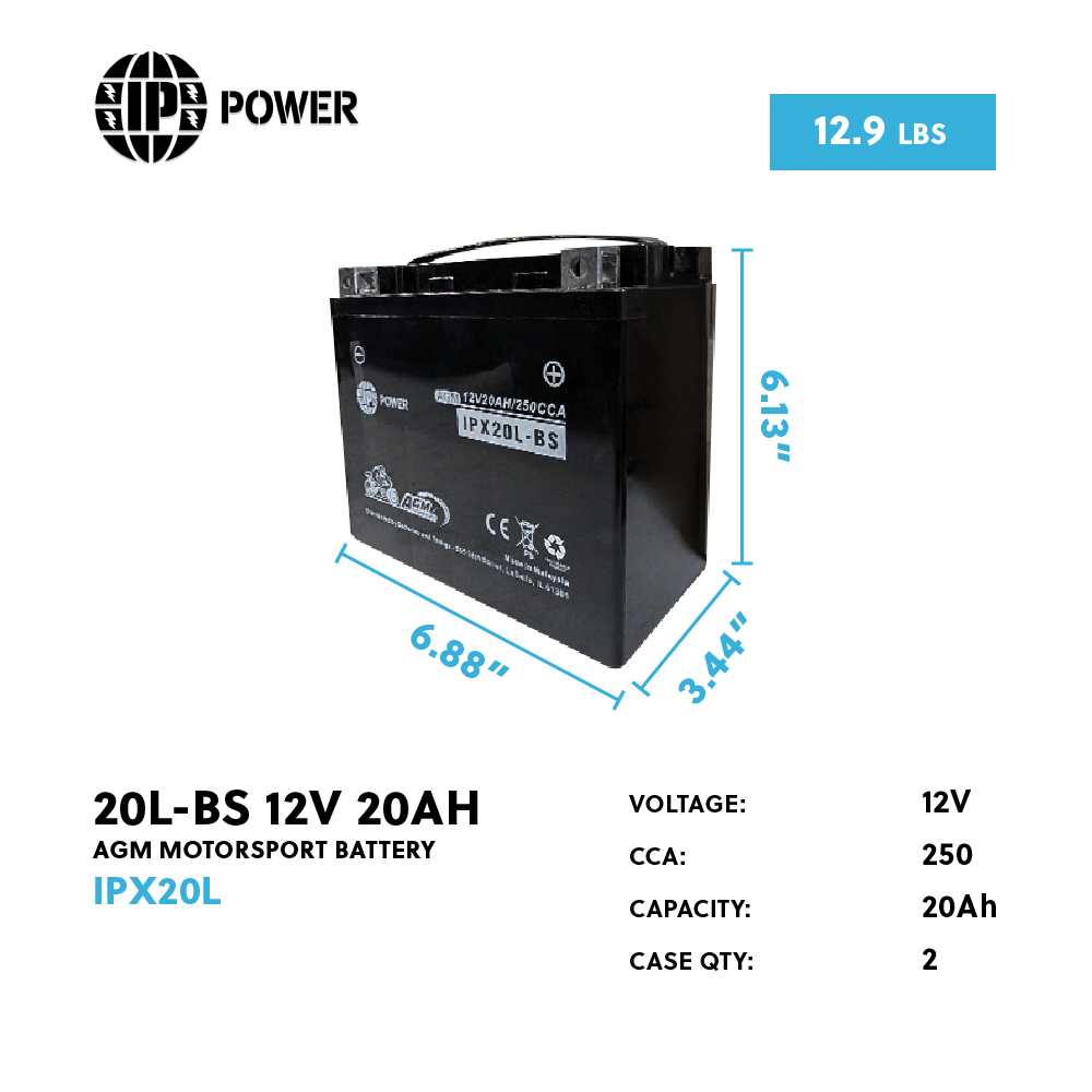 IP Power 20L-BS 12V 20AH AGM MOTORSPORT BATTERY