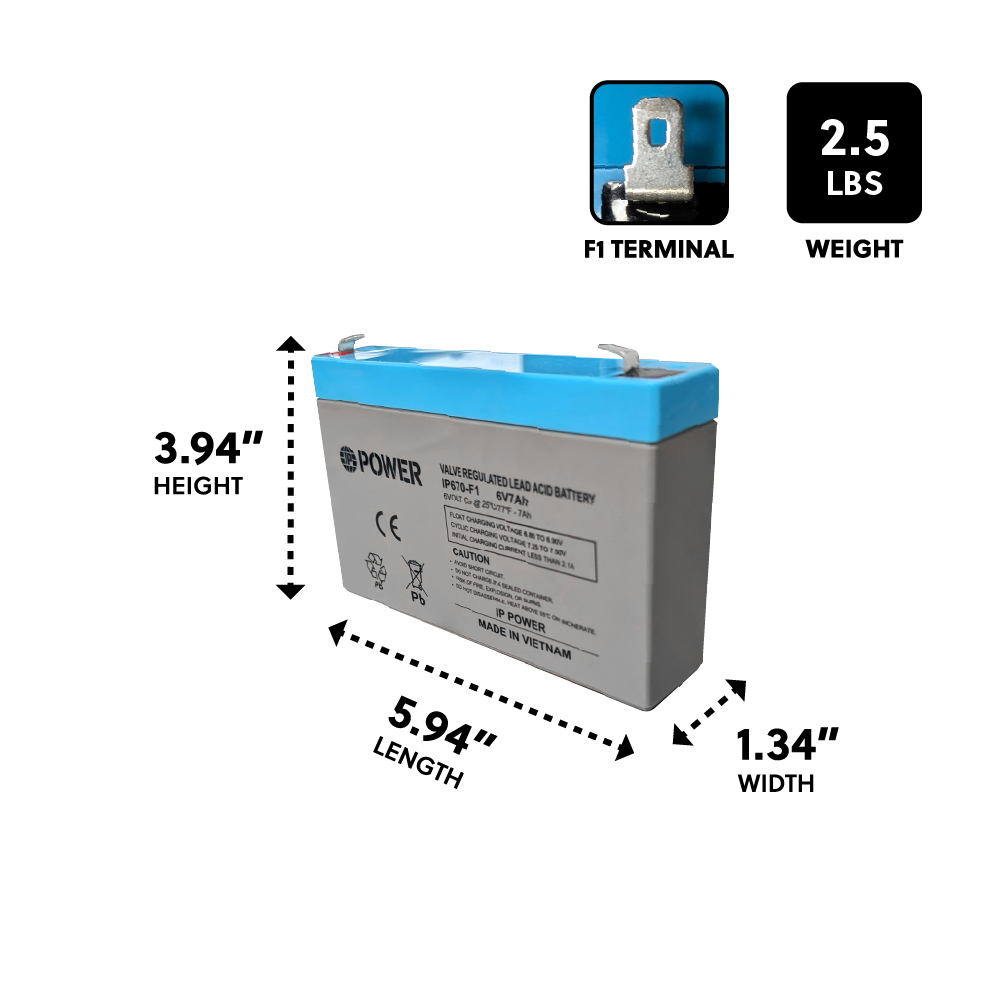 IP POWER IP670-F1, 6V 7Ah F1 Terminal, Sealed Lead Acid Battery