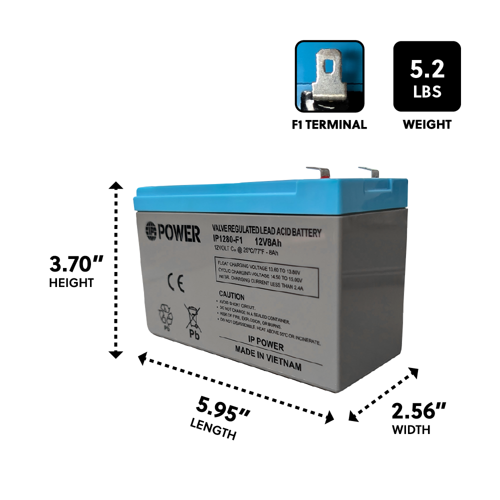 IP POWER  IP1280-F1, 12V 8Ah F1 Terminal,  Sealed Lead Acid Rechargeable Battery