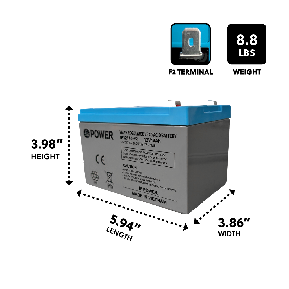 IP POWER IP12140-F2, 12V 14Ah F2 Terminal, Sealed Lead Acid Rechargeable Battery