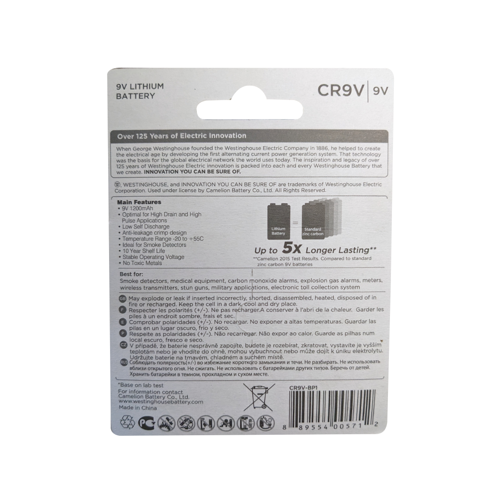 Westinghouse CR9V 9 Volt Lithium Primary 1pk - Non Rechargeable