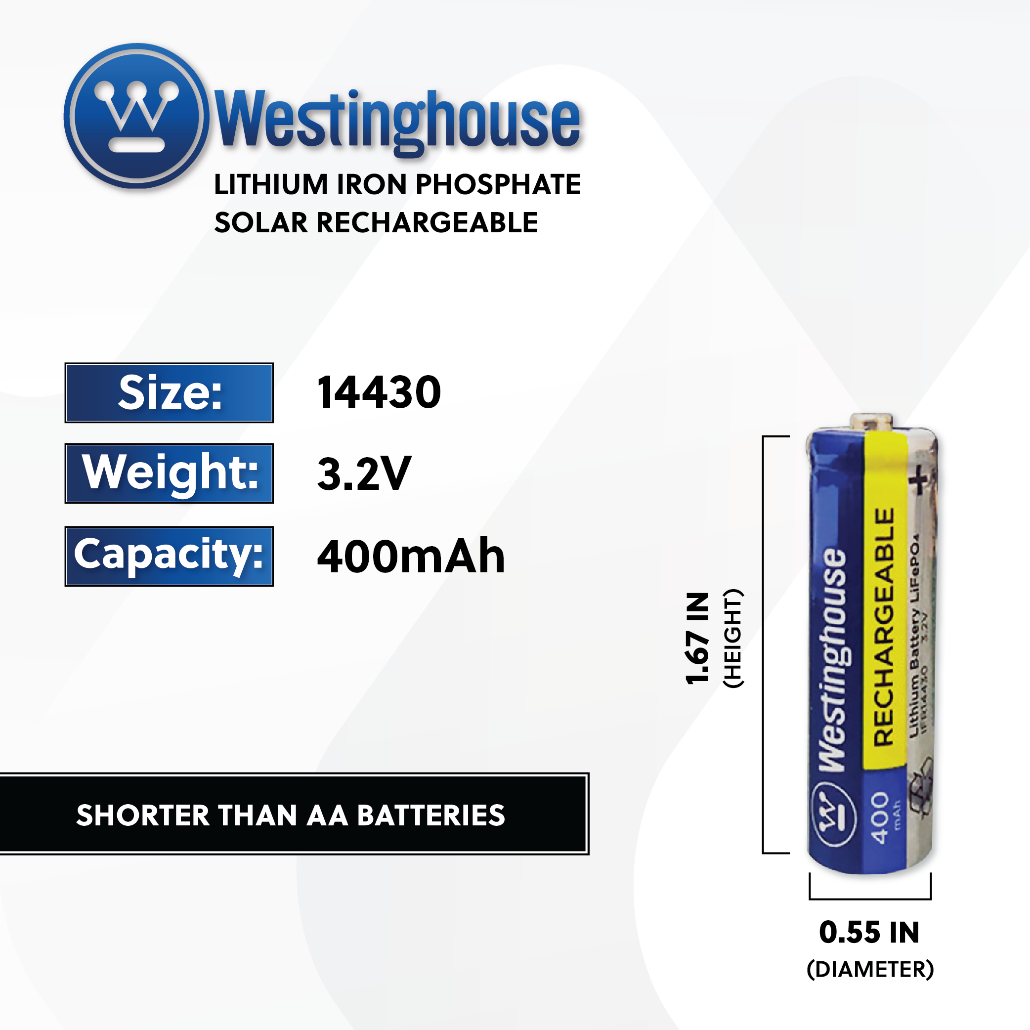 Westinghouse Life-PO4 14430 3.2v 400mah Solar Rechargeable Cardboard Box of 8
