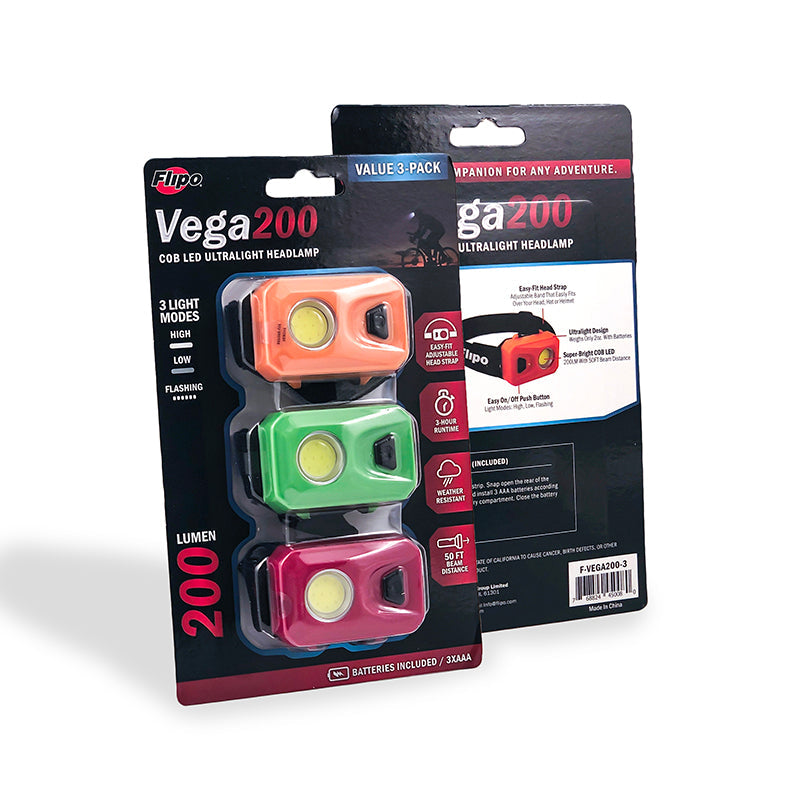 wholesale, wholesale lighting, head lamp, 3 pack head lamps, Vega 200, COB LED, head light, hands free light, work light