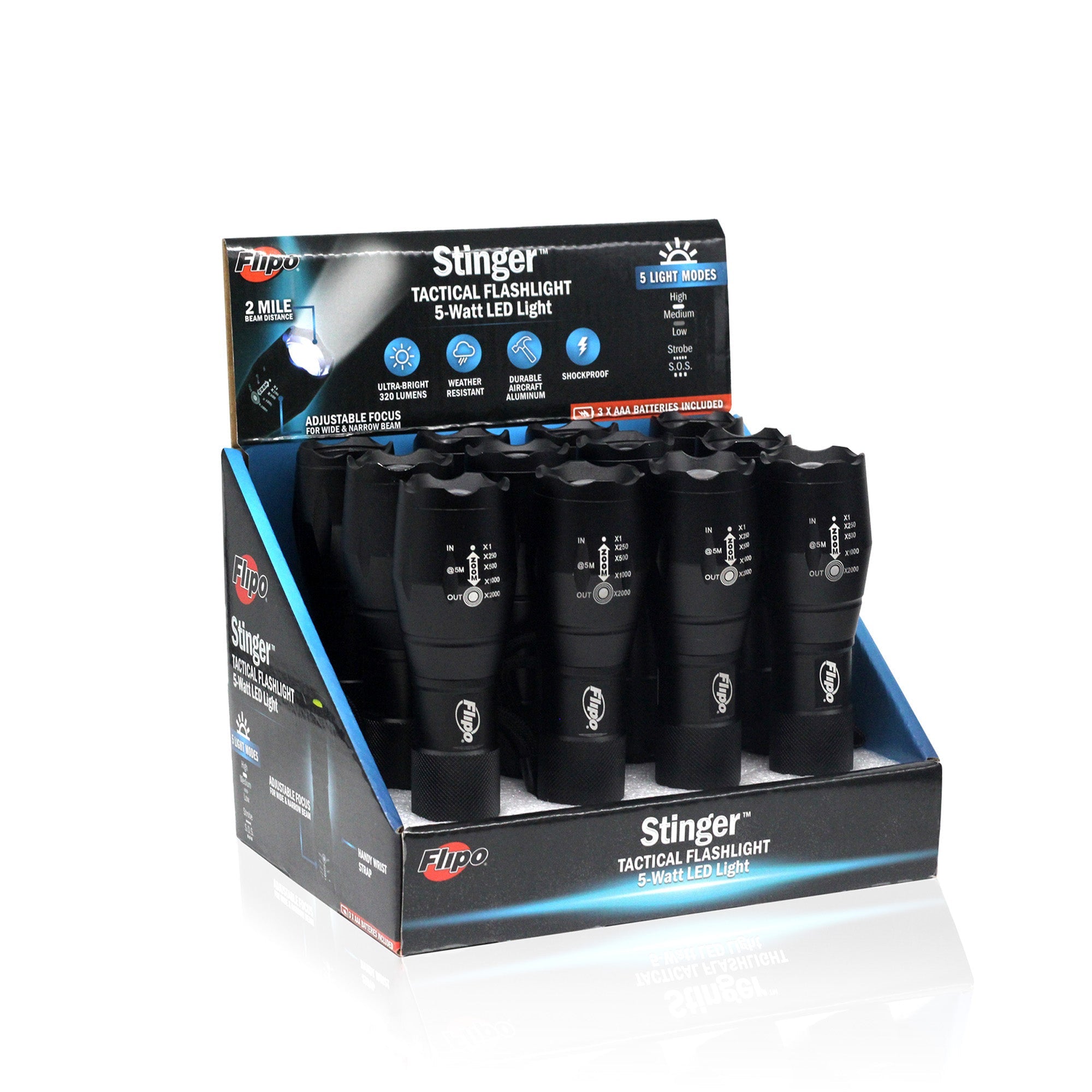 Flipo Stinger Tactical Security COB LED Flashlight With 5 Light Modes and Zoom Function 12 PC Display