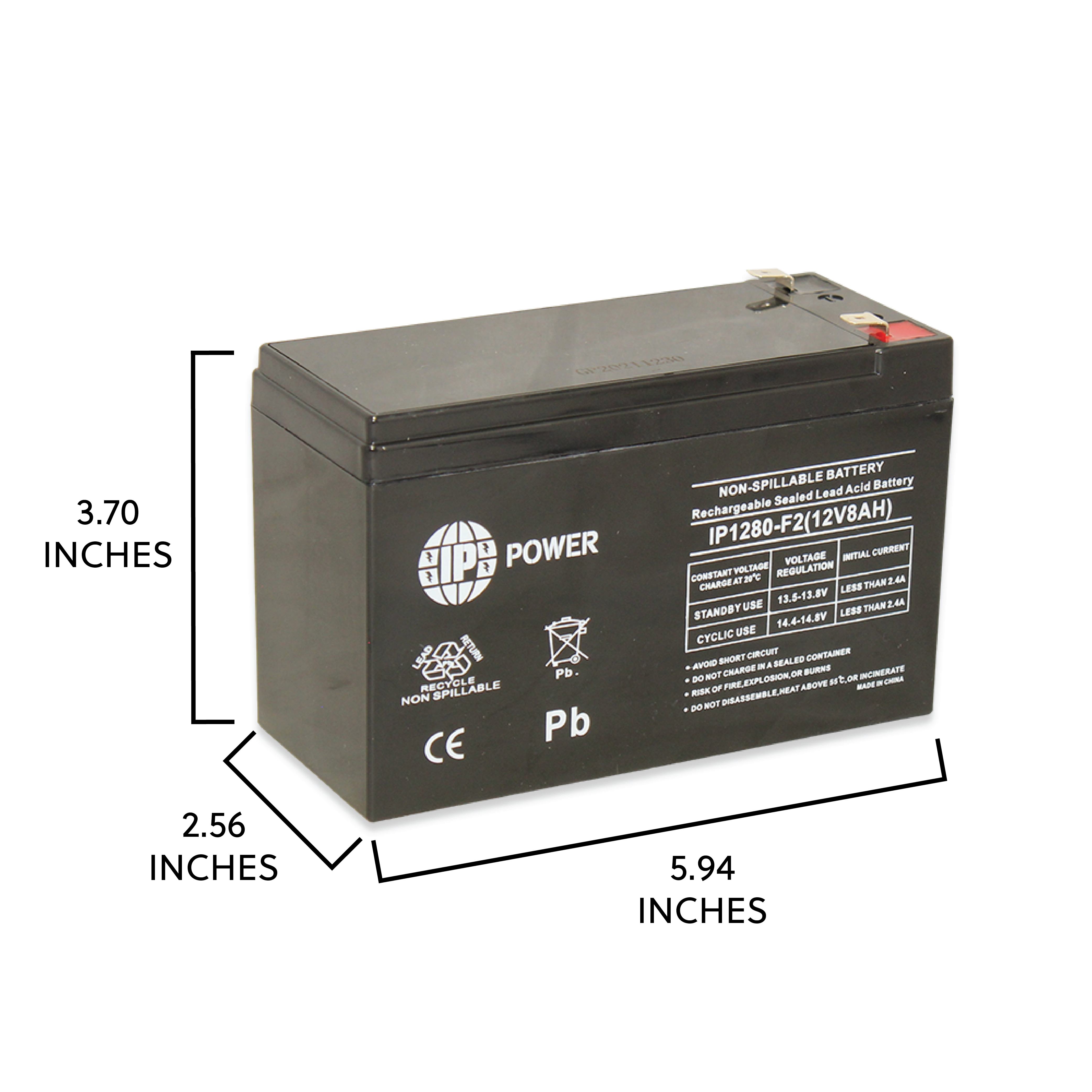 IP POWER  IP1280-F1, 12 Volt 8Amp F1 Terminal,  Sealed Lead Acid Rechargeable Battery