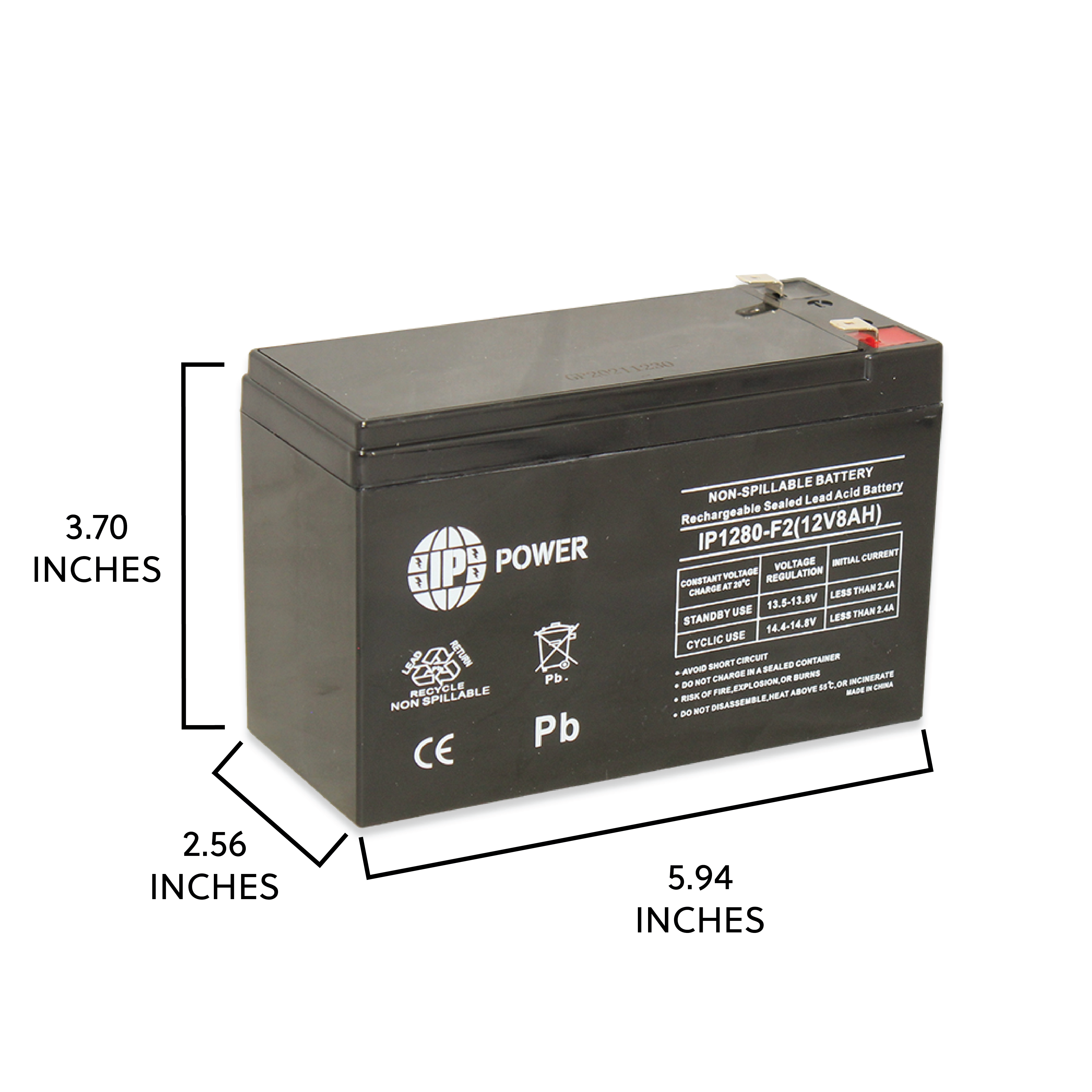IP POWER IP1280-F2, 12V 8Ah, Sealed Lead Acid Rechargeable Battery