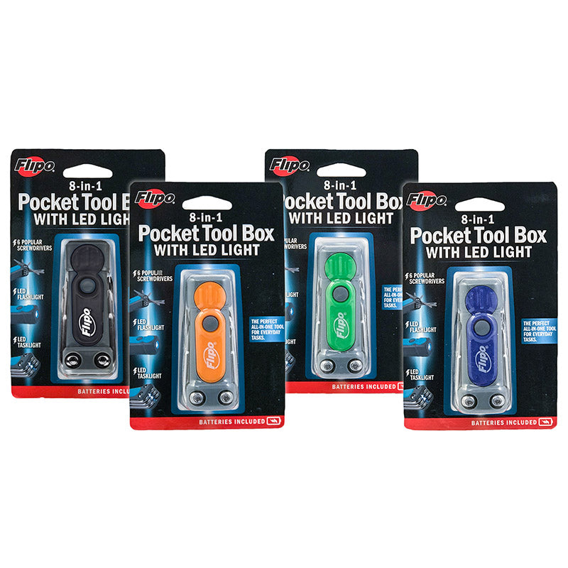 8-in-1 Pocket Tool Box with LED Flashlight and Task Light 12 PC Display