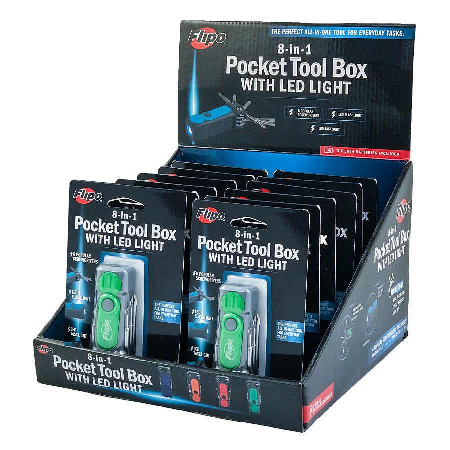 Flipo 8-in-1 Pocket Tool Box with LED Flashlight and Task Light 12 PC Display