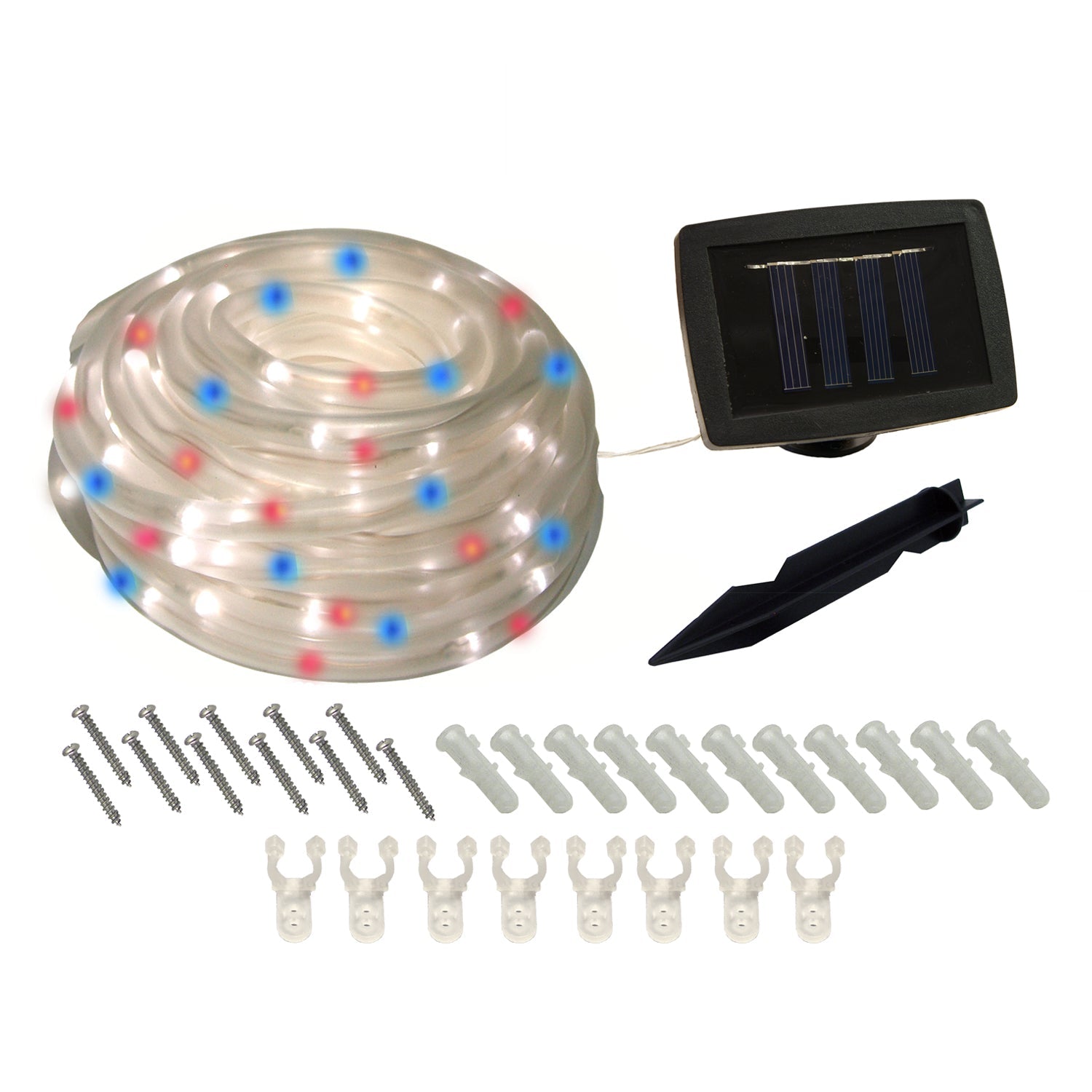100 LED, Solar Rope Light, rope light, light decor, indoor decor, outdoor decor, holiday decor, red white blue, patriotic, 4th of july, presidents day, USA, solar powered lighting, party lights, holiday lights, wholesale, wholesale lighting